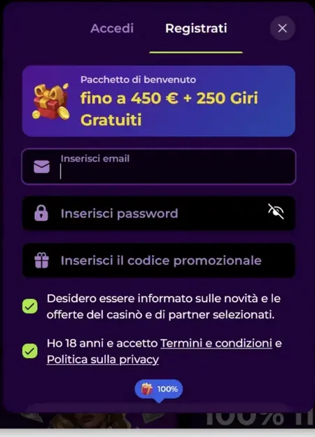 Form di registrazione Spin Mama con bonus benvenuto